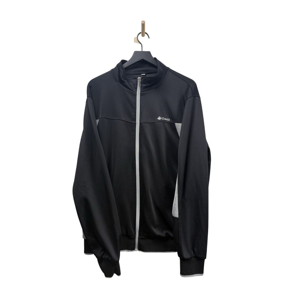 Sports‎ Full Zip Polyester Jacket Mens Size L Zip Pockets Black Grey #111